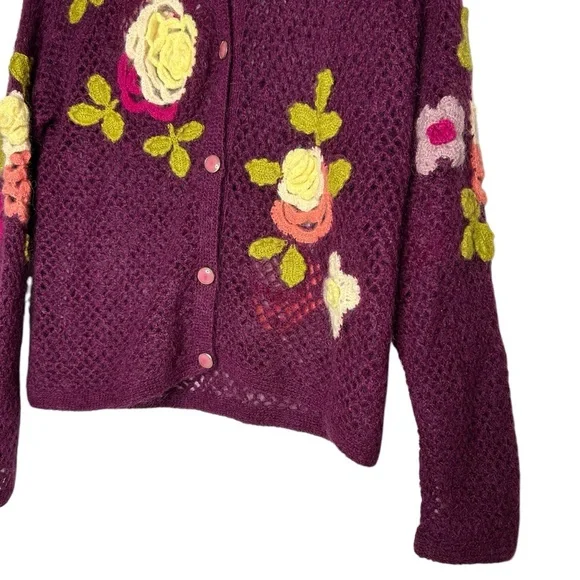 Vintage Crochet Floral Cardigan Purple Appliqué Boho Cottagecore Sz M - Picture 7 of 13